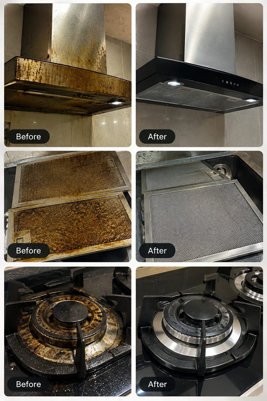 Before and after photos of chimney hood, filter mesh and cooktop burner cleaning by Chimney Solutions