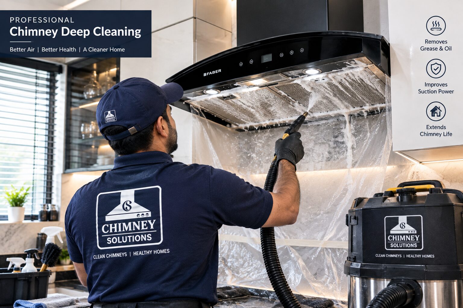 Professional chimney deep cleaning with steam degreasing