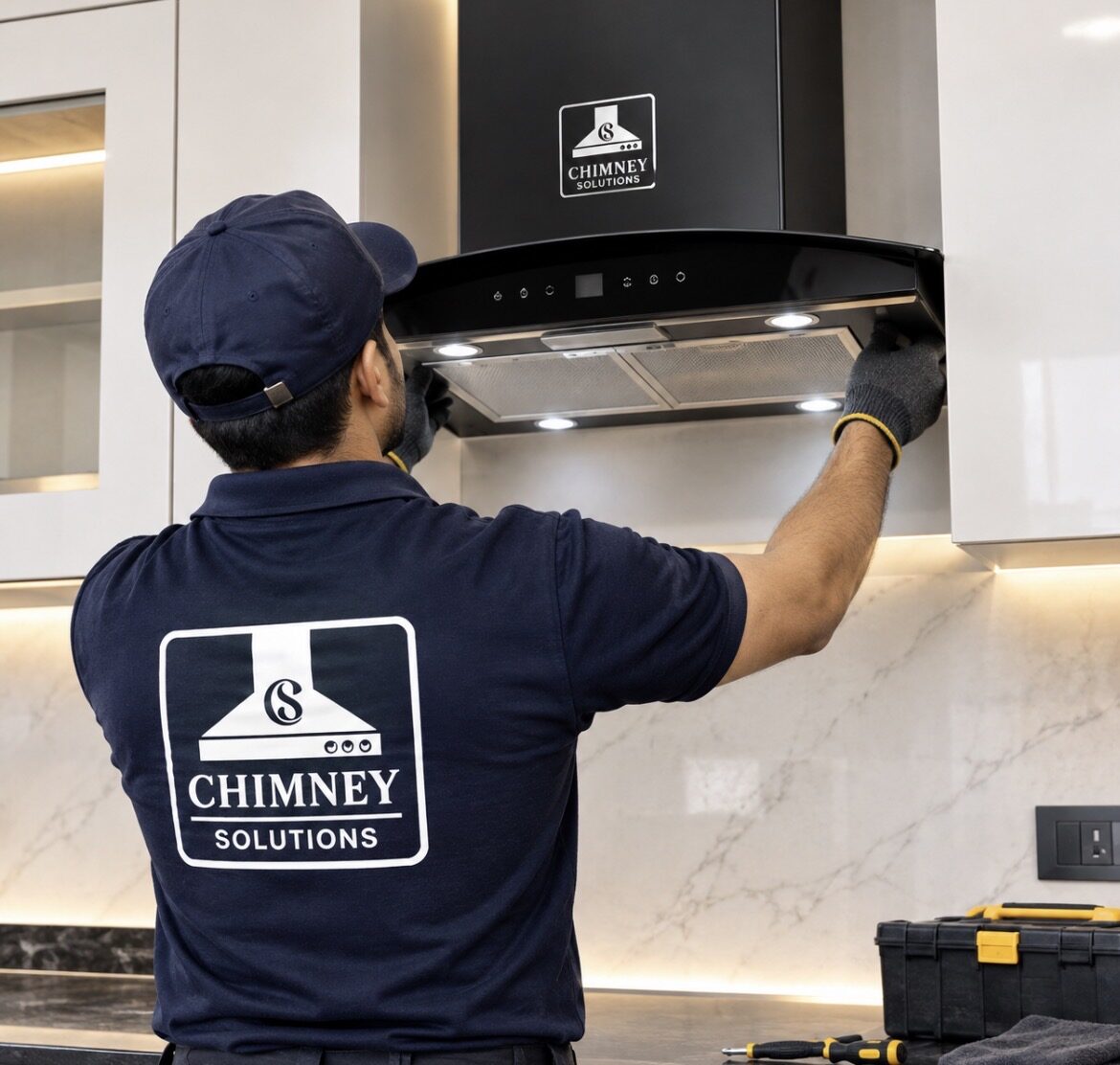 Chimney Solutions technician installing a kitchen chimney in Delhi NCR